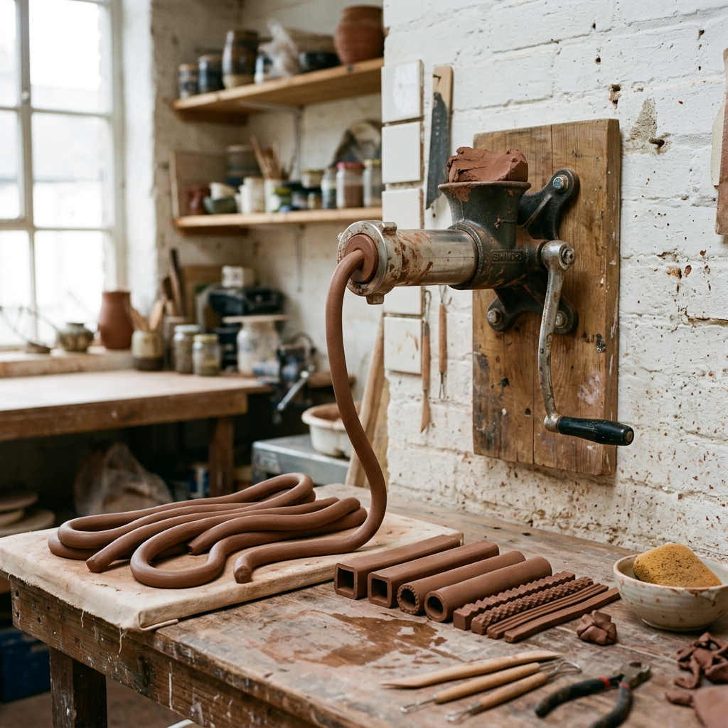 Hand-cranked clay extruder producing ceramic rods in a pottery workshop