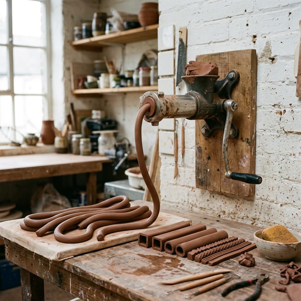 Hand-cranked clay extruder producing ceramic rods in a pottery workshop